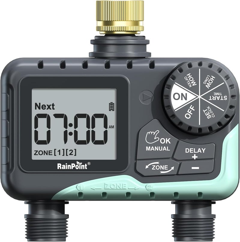 راينبوينت مؤقت مياه لخرطوم الحديقة - مؤقت مرشات مع محور دوار من النحاس - تأخير المطر/الري اليدوي/برنامج الري التلقائي صنبور قابل للبرمجة للفناء، منفذين - Image 1