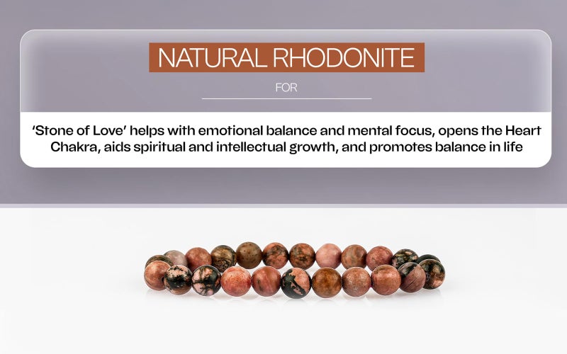 GEMSMANTRA Natural Rhodonite Stretchable Crystal Bracelet | Lab Certified 8mm Round Cut Beads | Unisex Healing Bracelet for Men & Women | Promotes Love, Emotional Healing & Inner Peace - Image 2