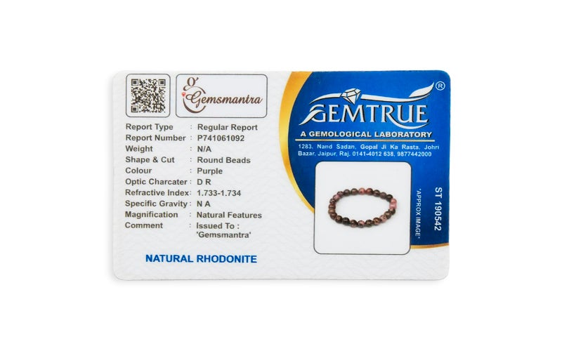 GEMSMANTRA Natural Rhodonite Stretchable Crystal Bracelet | Lab Certified 8mm Round Cut Beads | Unisex Healing Bracelet for Men & Women | Promotes Love, Emotional Healing & Inner Peace - Image 3