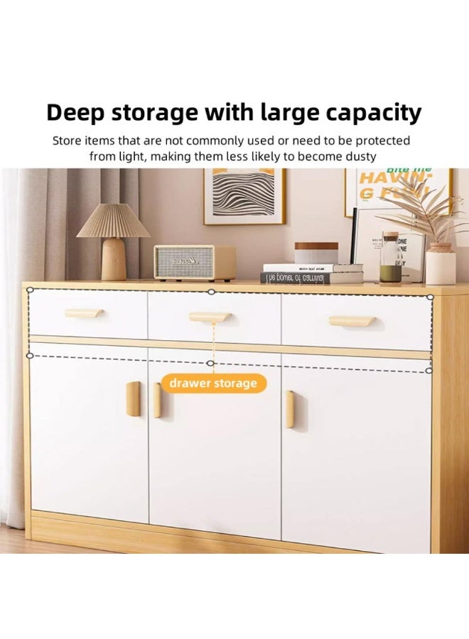 إيونتو خزانة جانبية عصرية - وحدة تخزين بثلاثة أدراج وثلاثة أبواب مع سطح عمل ناعم، ومقابض خشبية منحنية، وتشطيب بلون القيقب، وهيكل من الخشب الليفي متوسط ​​الكثافة والخشب الصلب للمطبخ وغرفة الطعام وغرفة المعيشة - Image 2