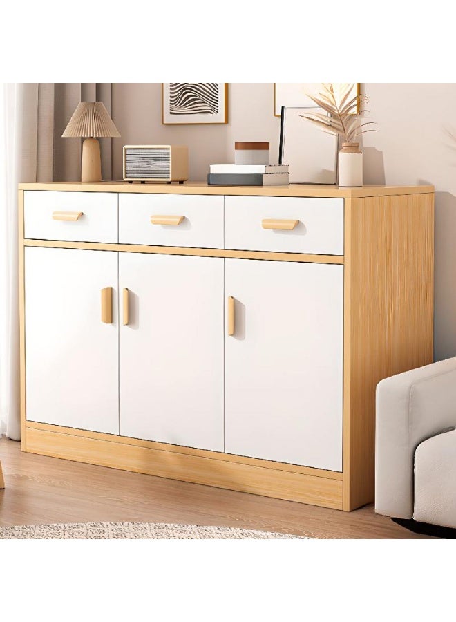 إيونتو خزانة جانبية عصرية - وحدة تخزين بثلاثة أدراج وثلاثة أبواب مع سطح عمل ناعم، ومقابض خشبية منحنية، وتشطيب بلون القيقب، وهيكل من الخشب الليفي متوسط ​​الكثافة والخشب الصلب للمطبخ وغرفة الطعام وغرفة المعيشة - Image 1