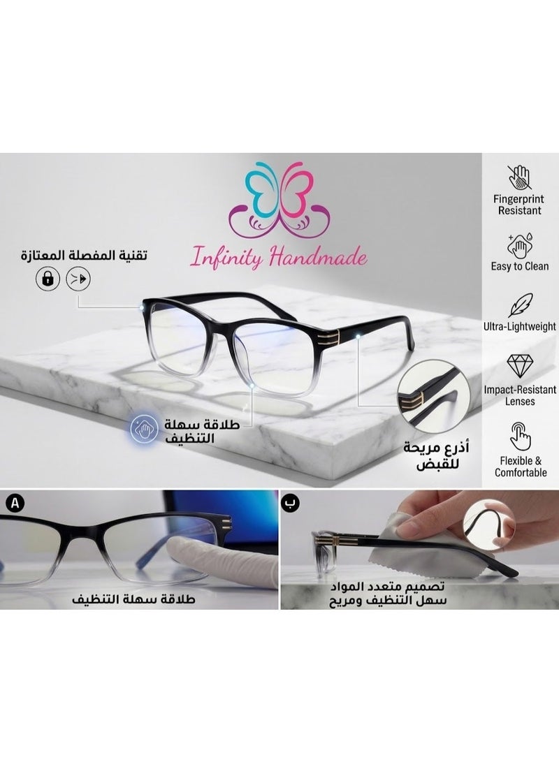 طقم نظارتين قراءة طبية (2 قطعة) للجنسين - إطار مرن مقاوم للكسر وعدسات ضد الخدش - تصميم عصري مريح بجميع المقاسات والألوان - يشمل (2 جراب + 2 منديل أصلي) - Image 4