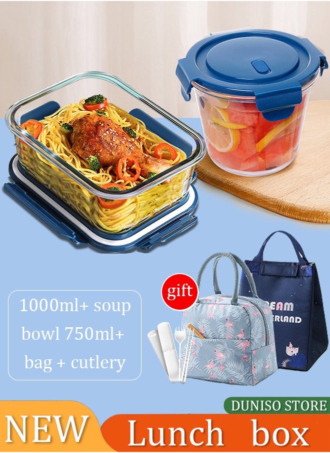 DUNISO 2 pieces glass kitchen meal preparation containers, 1040ml, 750ml, with durable lock lids, meal preparation containers, children's and adult glass bento boxes, bento lunch boxes  - Image 1