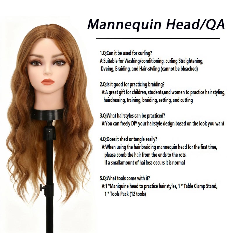 TopDirect Mannequin Head with 80% Human Hair, TopDirect 24" Brown Real Hair Cosmetology Mannequin Head Hair Styling Hairdressing Practice Training Doll Heads with Clamp Holder and Tools - Image 3