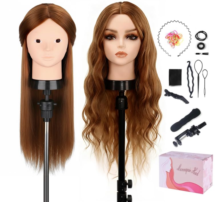 TopDirect Mannequin Head with 80% Human Hair, TopDirect 24" Brown Real Hair Cosmetology Mannequin Head Hair Styling Hairdressing Practice Training Doll Heads with Clamp Holder and Tools - Image 1