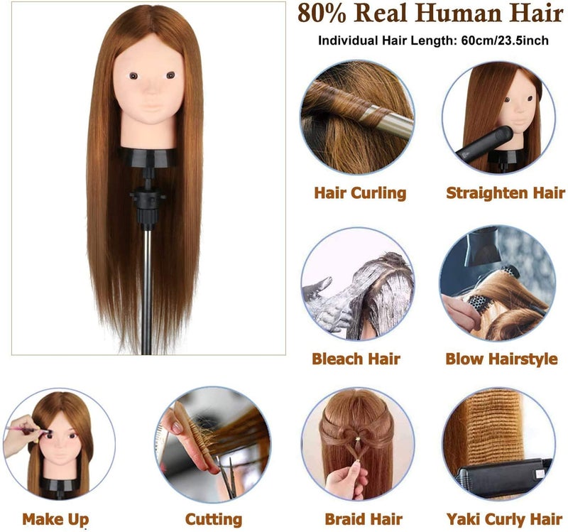 TopDirect Mannequin Head with 80% Human Hair, TopDirect 24" Brown Real Hair Cosmetology Mannequin Head Hair Styling Hairdressing Practice Training Doll Heads with Clamp Holder and Tools - Image 5
