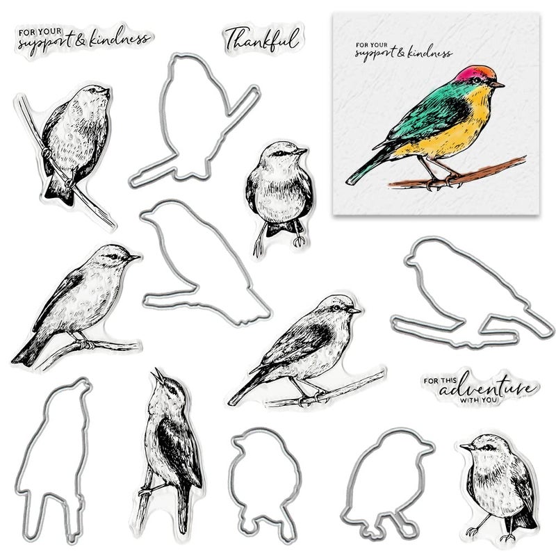Hying Birds Words Stamps and Dies for Card Making Birds on Branch Cutting Die and Clear Stamps for Bullet Journal DIY Scrapbook Decoration Handmade Crafts Notebook 