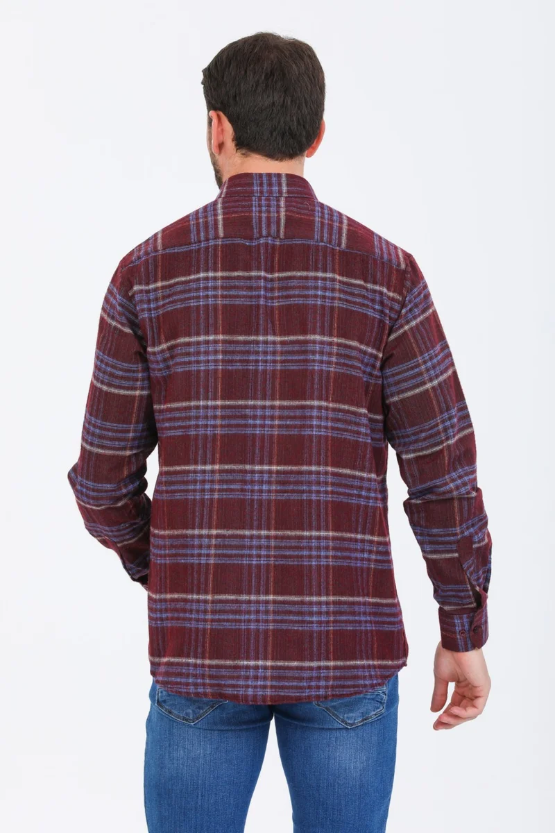 فاريتا Men's Claret Red Long Sleeve Checked Pocket Collar Buttoned Winter Shirt