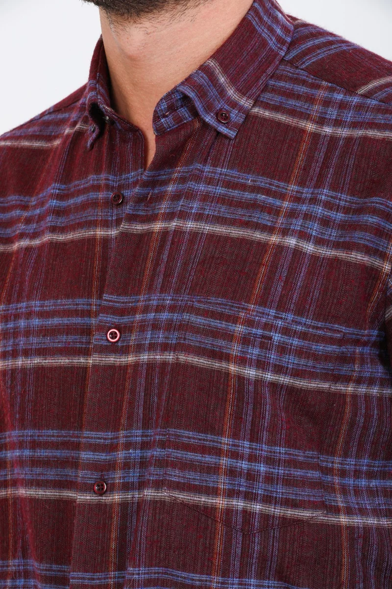 فاريتا Men's Claret Red Long Sleeve Checked Pocket Collar Buttoned Winter Shirt