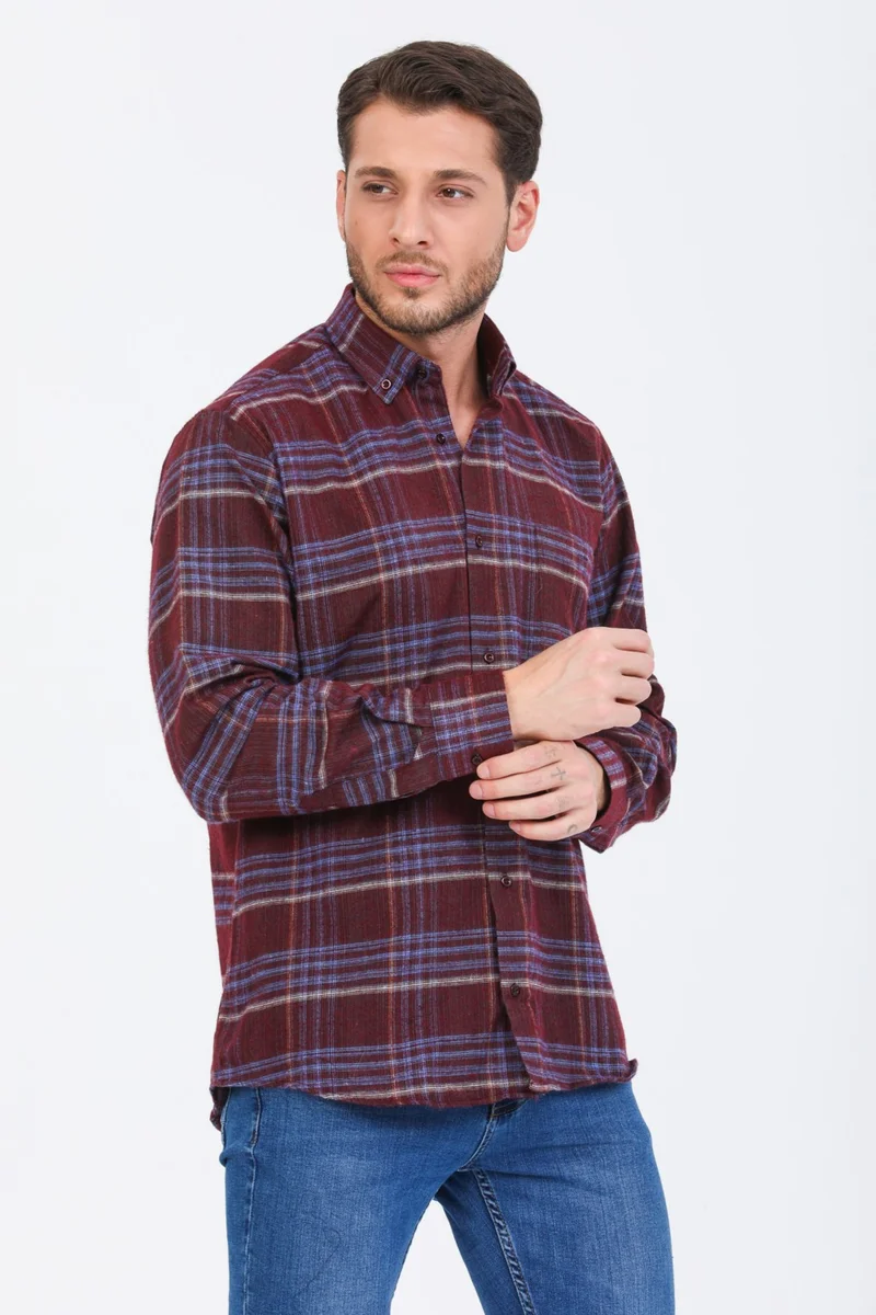 فاريتا Men's Claret Red Long Sleeve Checked Pocket Collar Buttoned Winter Shirt
