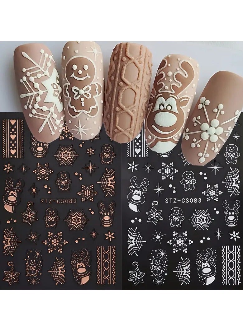 Rozino 3D Nail Stickers Set of 2 - Rose Golden Cartoon Reindeer, Snowflake Decals, Holographic Tree Design - Self-Adhesive Paper Manicure Decor with Glitter Finish for Festive Nail Art - Image 1
