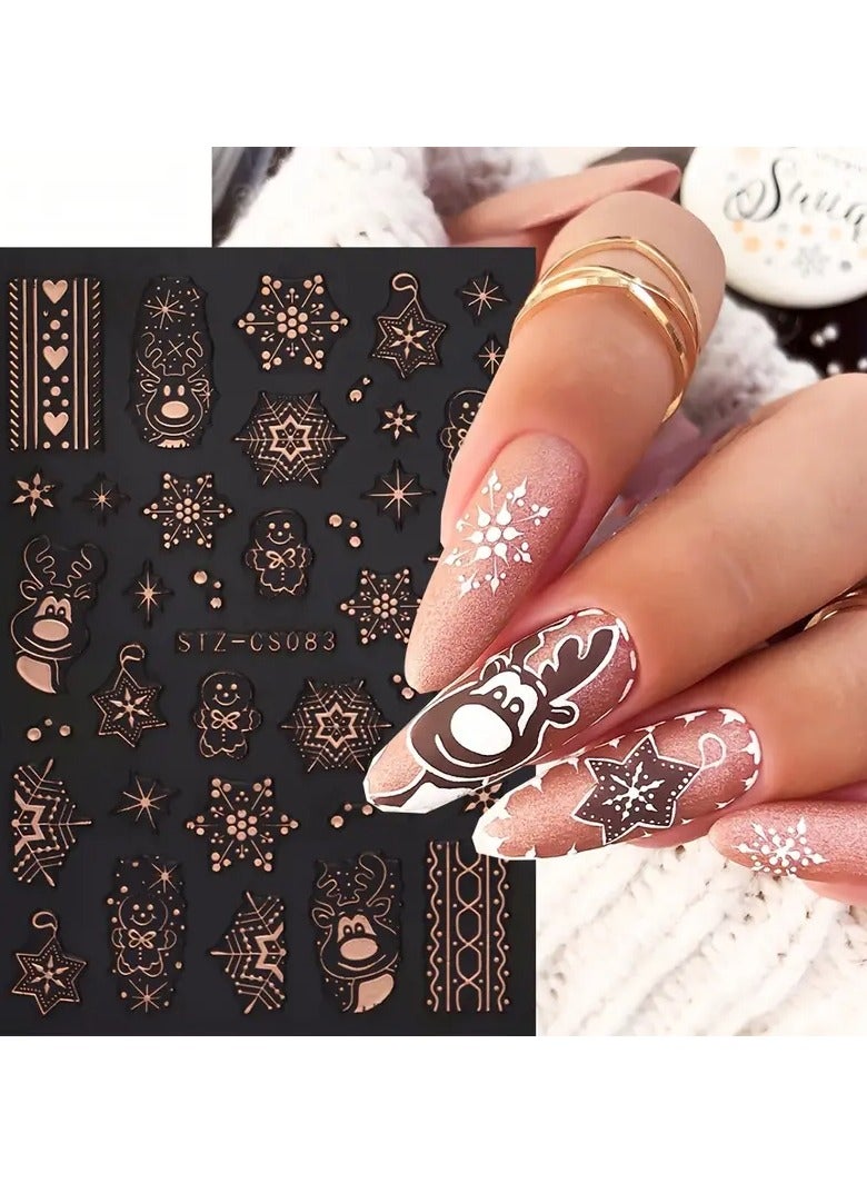 Rozino 3D Nail Stickers Set of 2 - Rose Golden Cartoon Reindeer, Snowflake Decals, Holographic Tree Design - Self-Adhesive Paper Manicure Decor with Glitter Finish for Festive Nail Art - Image 3