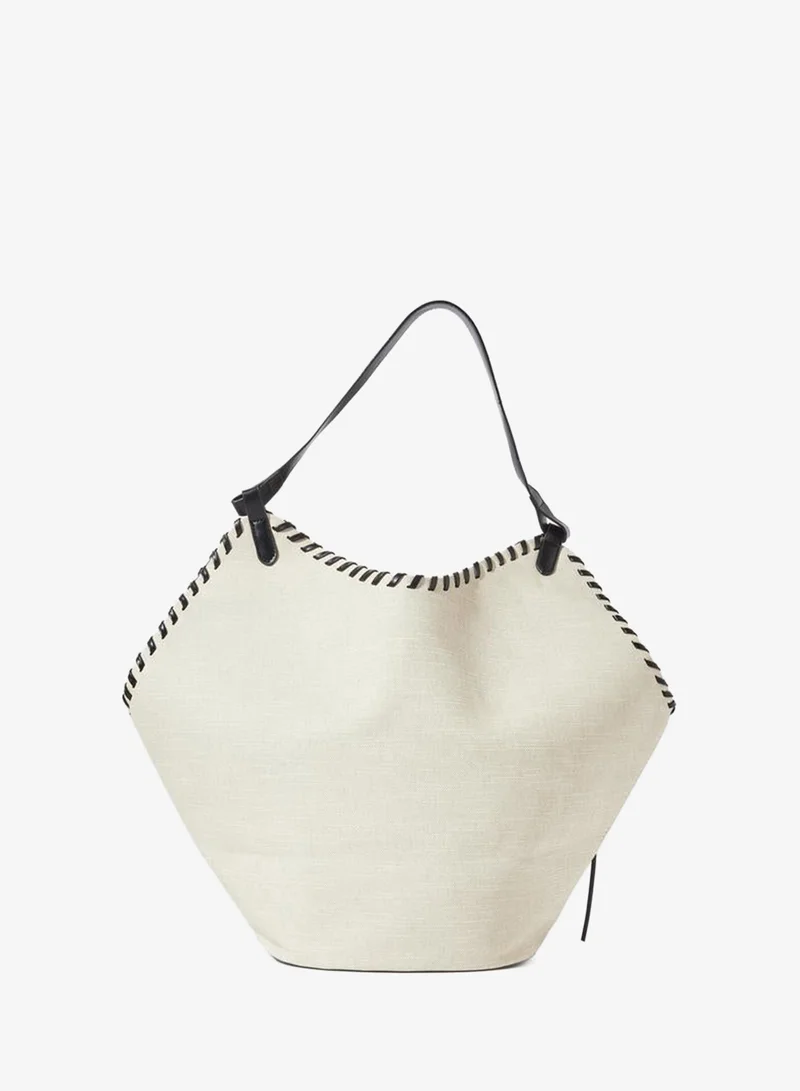 Styli Black Stitch Detail Canvas Tote Bag with A Pouch