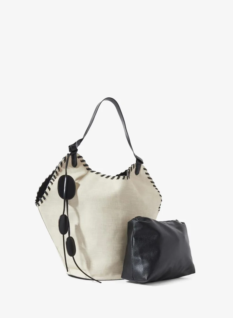 Black Stitch Detail Canvas Tote Bag with A Pouch