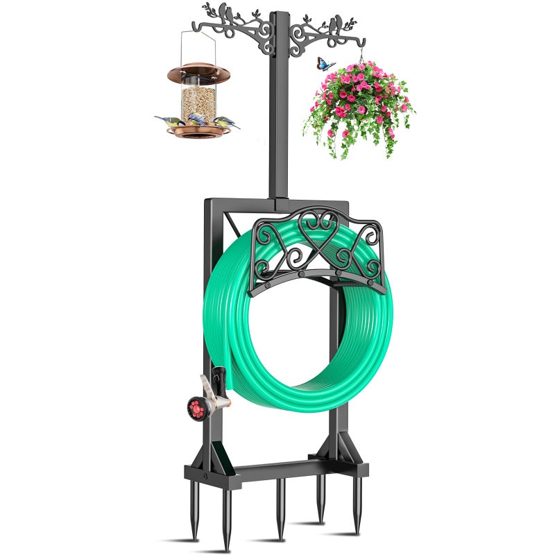 ODSNANIE Garden Hose Holder, Freedstanding Heavy Duty Garden Water Hose Holder Stand with 2 Shepherds Hooks, Detachable Metal Hose Storage Hanger Rack for Outside Yard Lawn Farm - Image 1