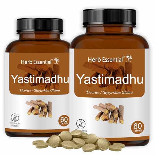 Herb Essential Yashtimadhu (Licorice) Tablets 500mg - 60 Count (Pack of 2) | Gastric & Respiratory Support, Throat Relief, Anti-Inflammatory & Antioxidant, Stress & Adrenal Support | Natural Herbal Supplement - Image 1