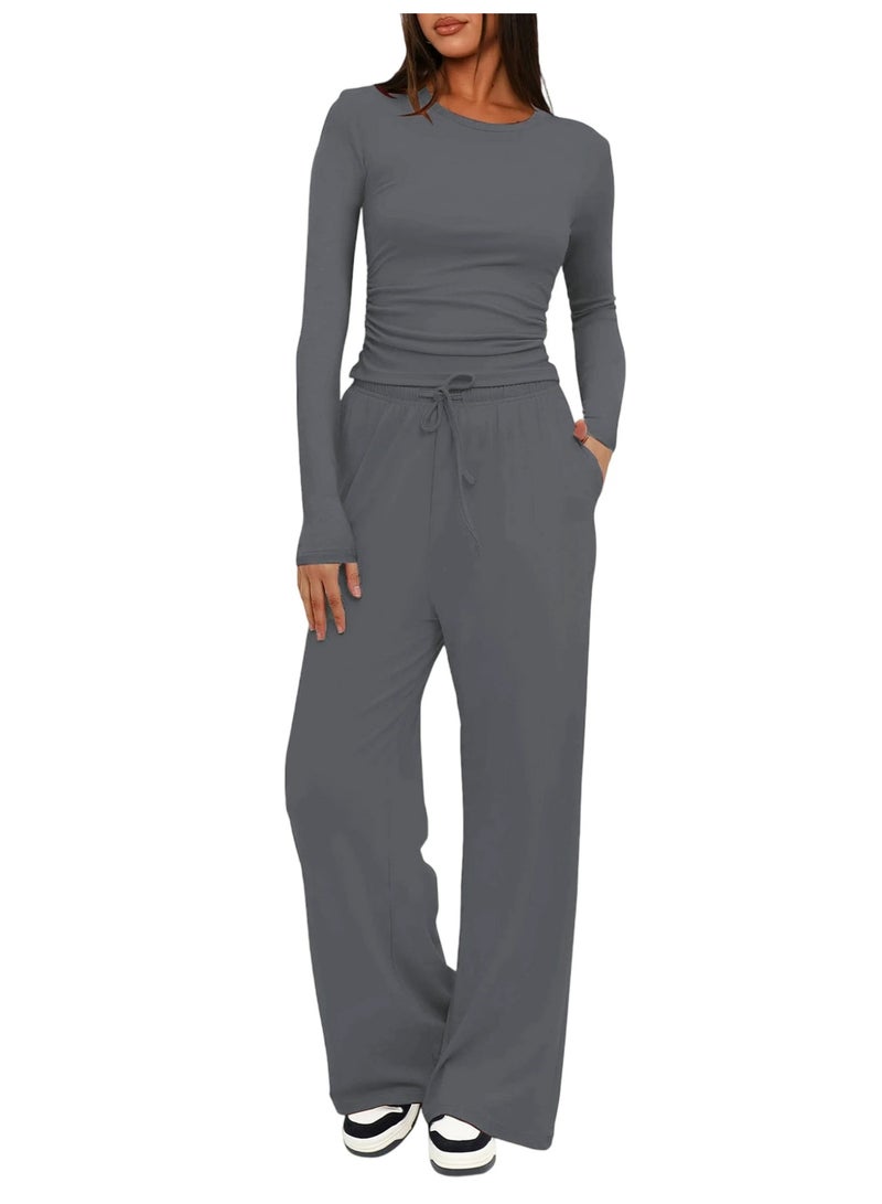 general 2025-2026 TK Solid Color Casual Long-Sleeved Settop Coat High-Waisted Wide-Fitting Pants Sports Outfit - Image 1