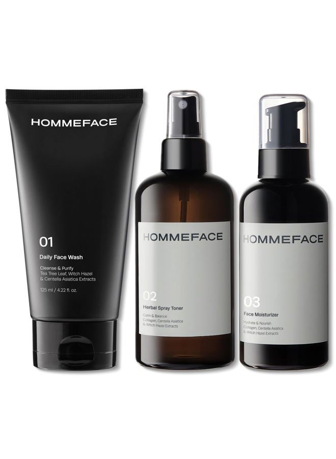 HOMMEFACE Daily Trio Skin Set for Men | 3-Step Skincare Kit | Includes Face Wash, Herbal Spray Toner, and Facial Moisturizer | Alcohol-free, No SLS - Image 1