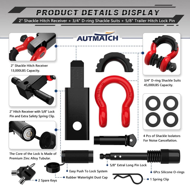 AUTMATCH Shackle Hitch Receiver 2 Inch - 3/4" D Ring Shackle and 5/8" Trailer Hitch Lock Pin, 45,000 Lbs Break Strength Heavy Duty Receiver Towing Kit for Off-Road Vehicle Recovery, Black & Red - Image 2
