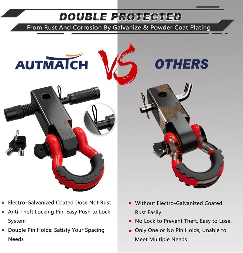 AUTMATCH Shackle Hitch Receiver 2 Inch - 3/4" D Ring Shackle and 5/8" Trailer Hitch Lock Pin, 45,000 Lbs Break Strength Heavy Duty Receiver Towing Kit for Off-Road Vehicle Recovery, Black & Red - Image 5