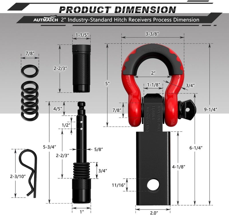 AUTMATCH Shackle Hitch Receiver 2 Inch - 3/4" D Ring Shackle and 5/8" Trailer Hitch Lock Pin, 45,000 Lbs Break Strength Heavy Duty Receiver Towing Kit for Off-Road Vehicle Recovery, Black & Red - Image 3