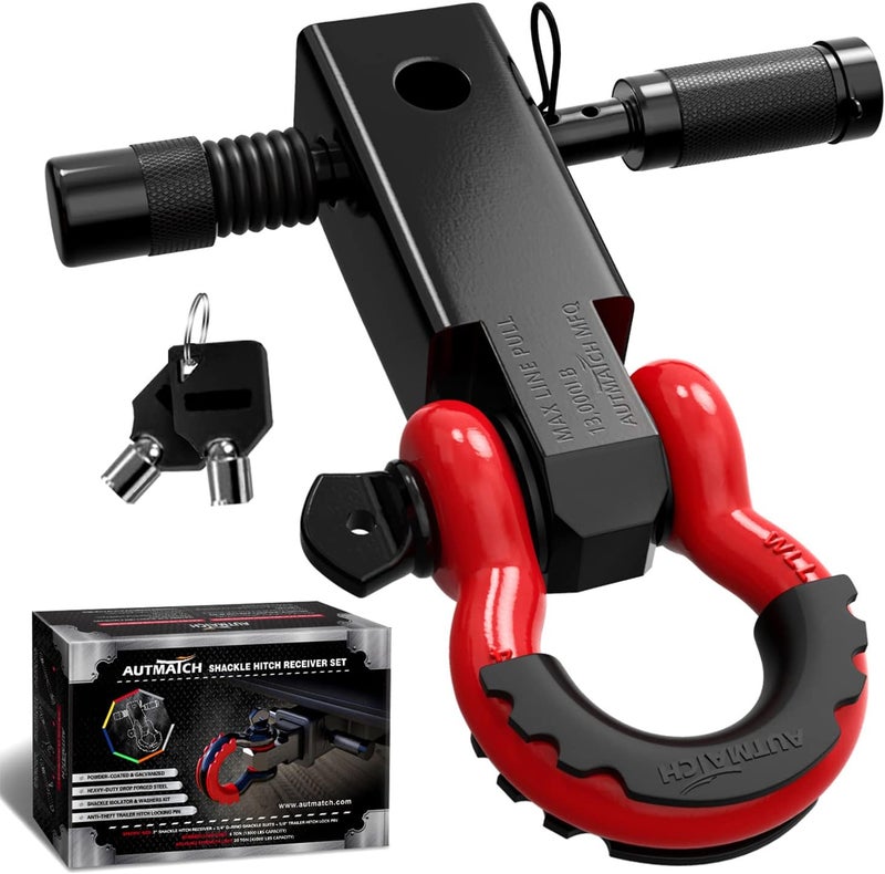 AUTMATCH Shackle Hitch Receiver 2 Inch - 3/4" D Ring Shackle and 5/8" Trailer Hitch Lock Pin, 45,000 Lbs Break Strength Heavy Duty Receiver Towing Kit for Off-Road Vehicle Recovery, Black & Red - Image 1