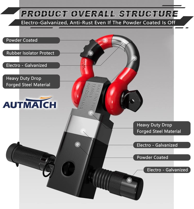AUTMATCH Shackle Hitch Receiver 2 Inch - 3/4" D Ring Shackle and 5/8" Trailer Hitch Lock Pin, 45,000 Lbs Break Strength Heavy Duty Receiver Towing Kit for Off-Road Vehicle Recovery, Black & Red - Image 4