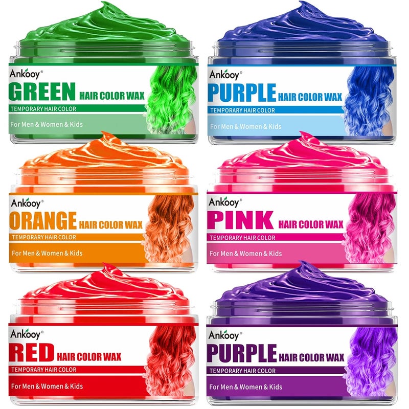 6 Pack Hair Color Wax Temporary Natural Hair Coloring Mud for Men Women Kids  Daily Party Cosplay Halloween DIY Green Orange Pink Purple Red Blue