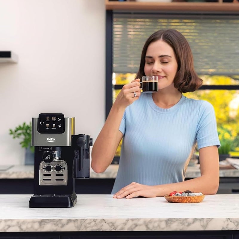 بيكو آلة إسبريسو رقمية من Beko، فوهة رغوة، ضغط 20 بار، سعة 1.1 لتر، حاوية حليب 300 مل، قوة 1628 واط، كبسولات، قوالب (Pods)، لتحضير إسبريسو مثالي، كابوتشينو، ولاتيه في المنزل – CEP5464DX – اللون الرمادي - Image 4