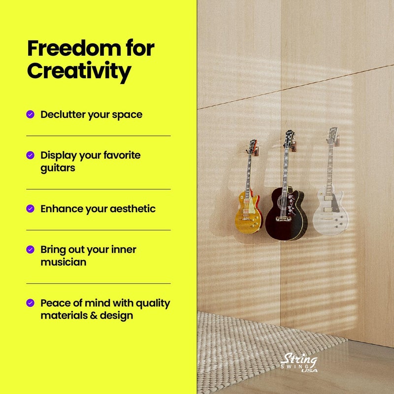 String Swing Guitar Hanger - Holder for Electric Acoustic and Bass Guitars - Stand Accessories Home or Studio Wall - Musical Instruments Safe without Hard Cases - Black Walnut Hardwood CC01K-BW 2-Pack - Image 5