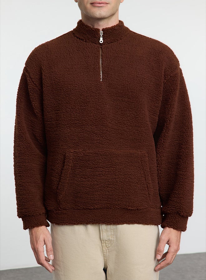 trendyol Dark Brown Oversize/Wide Cut Zipper Plush Sweatshirt - Image 3