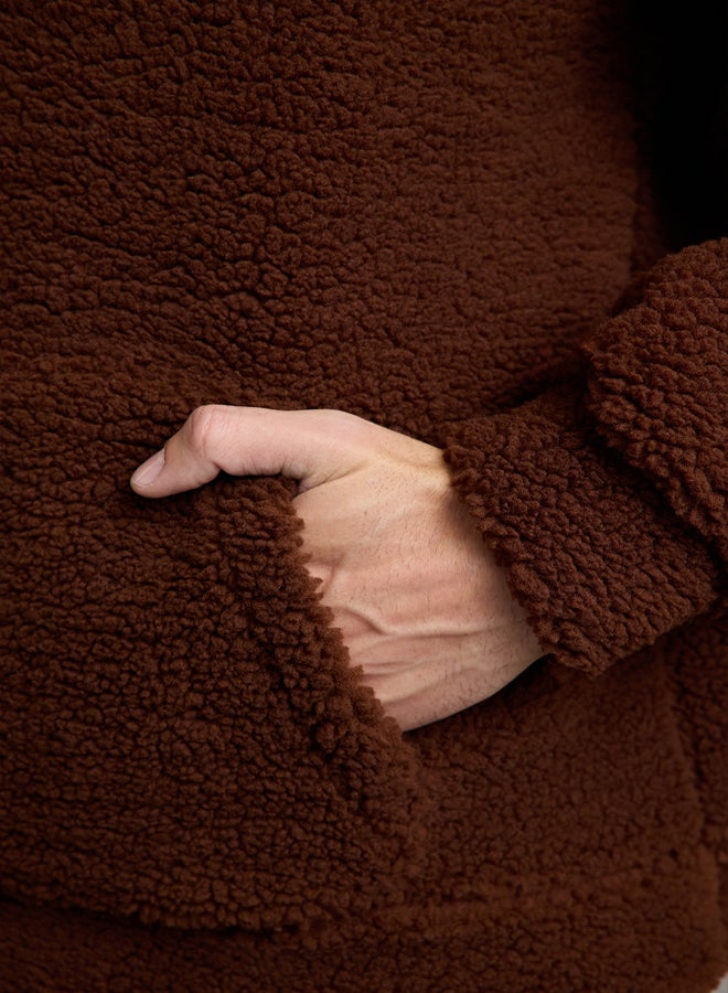 trendyol Dark Brown Oversize/Wide Cut Zipper Plush Sweatshirt - Image 4