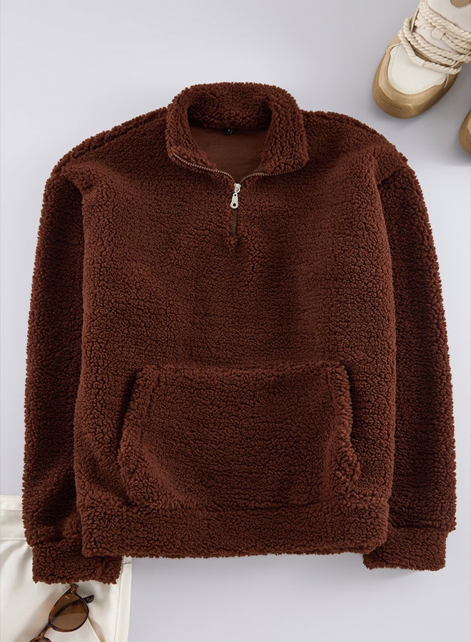 trendyol Dark Brown Oversize/Wide Cut Zipper Plush Sweatshirt - Image 5