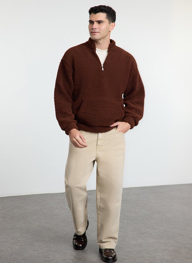 trendyol Dark Brown Oversize/Wide Cut Zipper Plush Sweatshirt - Image 2