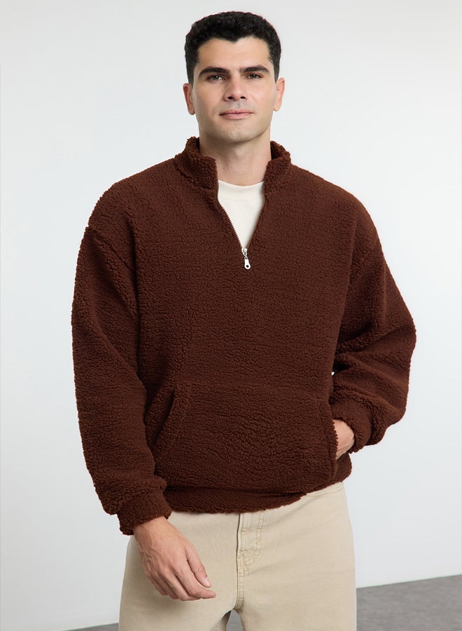 trendyol Dark Brown Oversize/Wide Cut Zipper Plush Sweatshirt - Image 1