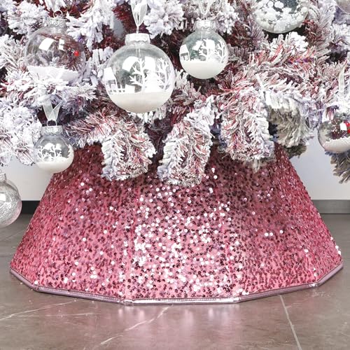 Blissun Christmas Tree Collar Sequin Christmas Tree Skirt Foldable Christmas Tree Ring Xmas Tree Stand Base Cover for Christmas Tree Decoration Pink