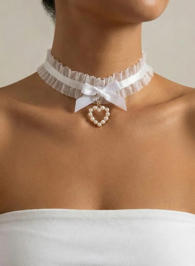 Take Two Lace Bow Faux Pearl Heart Choker Necklace