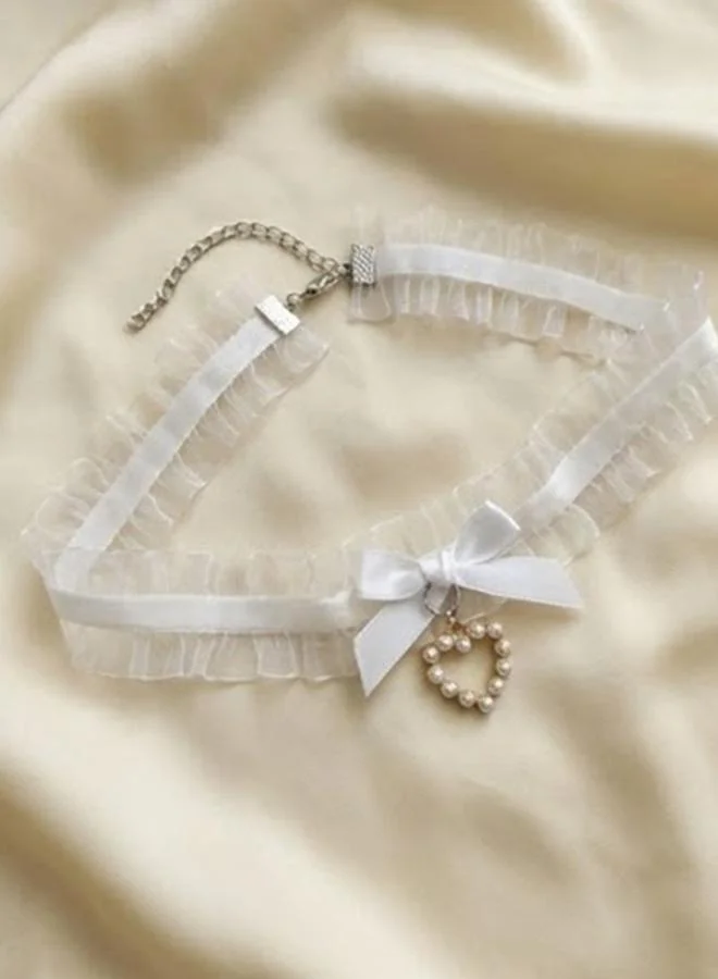 Take Two Lace Bow Faux Pearl Heart Choker Necklace