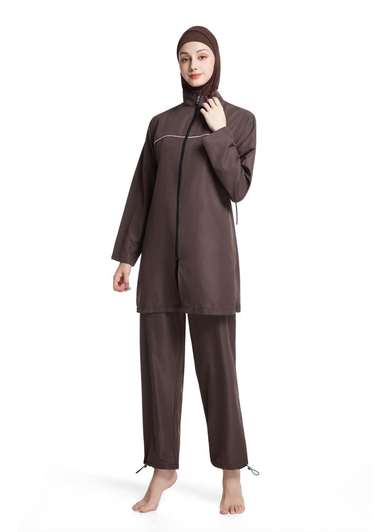 3-Piece Muslim Women's Conservative Swimwear Set Summer Casual Comfortable UV Protection Long Sleeve Zip-Up Swimsuit Lightweight Beach Attire - Image 1