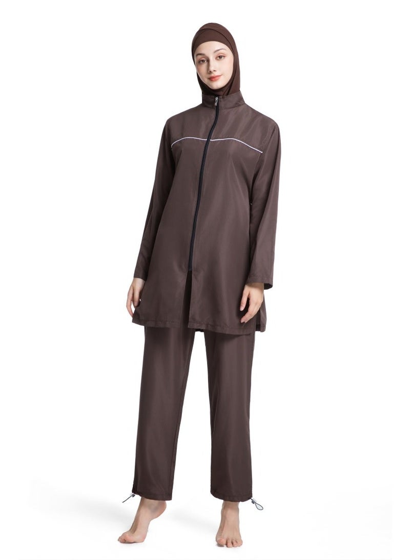 3-Piece Muslim Women's Conservative Swimwear Set Summer Casual Comfortable UV Protection Long Sleeve Zip-Up Swimsuit Lightweight Beach Attire - Image 2