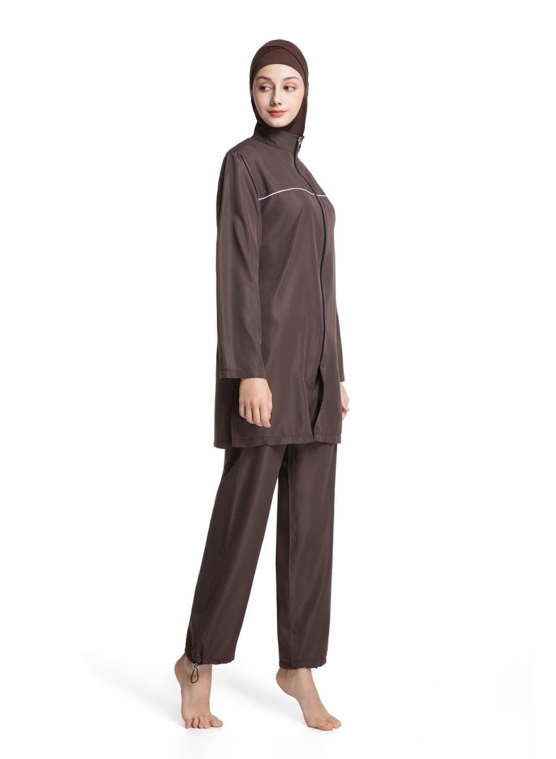 3-Piece Muslim Women's Conservative Swimwear Set Summer Casual Comfortable UV Protection Long Sleeve Zip-Up Swimsuit Lightweight Beach Attire - Image 3