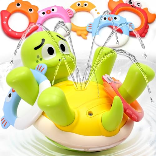 Sizobi Baby Bath Toys, Rechargeable Turtle Bath Toy Sprinkler for Toddler with 5 Rings, Bathtub Fountain Spray Toy, Pool Water Bath Toys for Kids Ages 1-3 Boys Girls Birthday Christmas Gifts - Image 1