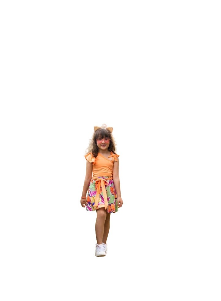 Girls 3-piece set, orange T-shirt, floral pocket, and belt  - Image 1