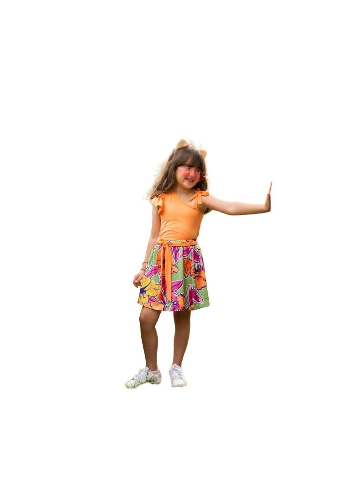 Girls 3-piece set, orange T-shirt, floral pocket, and belt  - Image 2