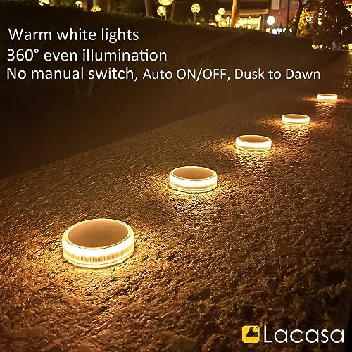 Lacasa 4-Pack Solar Deck Lights Outdoor Waterproof LED, Garden Step Lights Solar Powered Driveway Dock Lights Marine, Dusk to Dawn Lighting for Yard Patio Pathway, Round, Warm White - Image 3