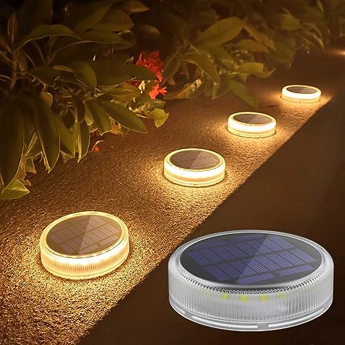 Lacasa 4-Pack Solar Deck Lights Outdoor Waterproof LED, Garden Step Lights Solar Powered Driveway Dock Lights Marine, Dusk to Dawn Lighting for Yard Patio Pathway, Round, Warm White - Image 1