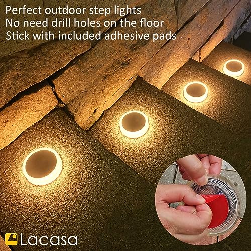 Lacasa 4-Pack Solar Deck Lights Outdoor Waterproof LED, Garden Step Lights Solar Powered Driveway Dock Lights Marine, Dusk to Dawn Lighting for Yard Patio Pathway, Round, Warm White - Image 4