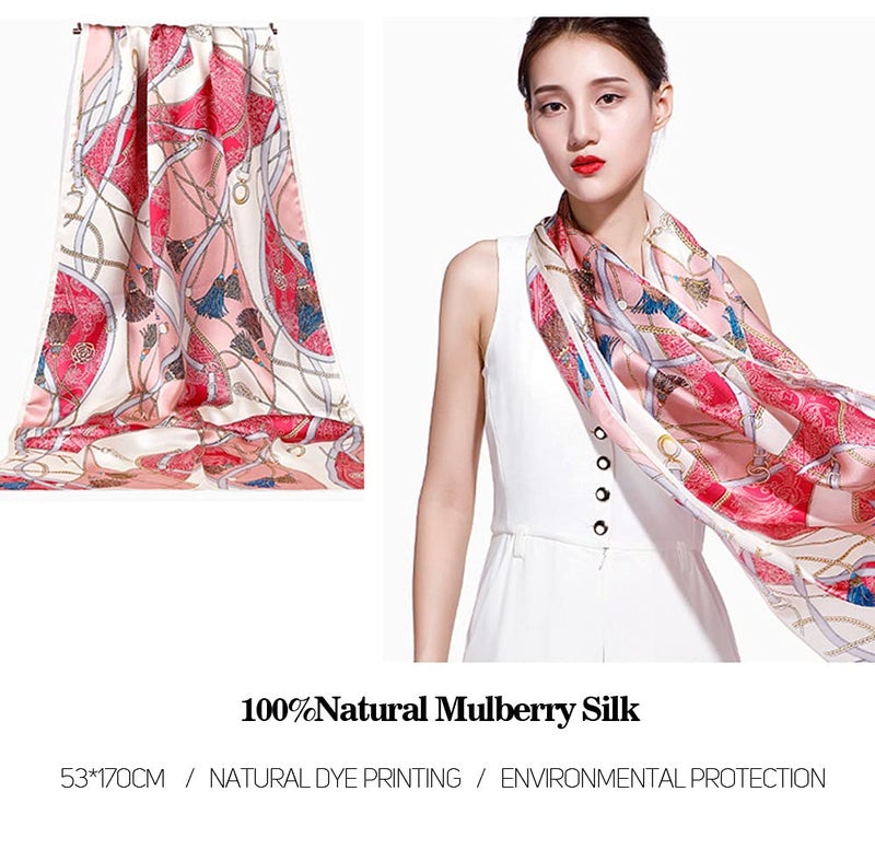 MEISEE 100% Mulberry Silk Long Scarf for Women Large Oblong Sunscreen Shawls Wraps Neck Headscarf Hair Wraps with Gift Packed (Pink+white) - Image 3
