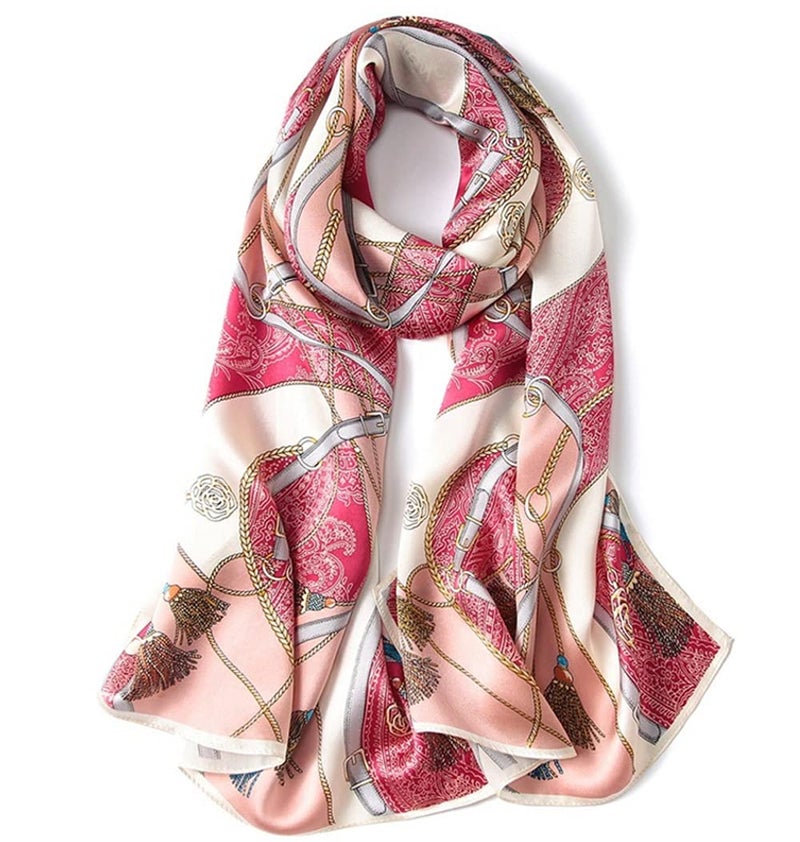 MEISEE 100% Mulberry Silk Long Scarf for Women Large Oblong Sunscreen Shawls Wraps Neck Headscarf Hair Wraps with Gift Packed (Pink+white) - Image 1
