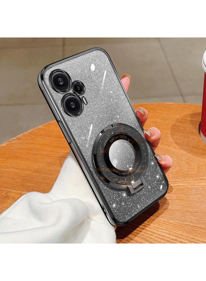 جراب هاتف دائري من مادة TPU بحامل لامع متدرج مطلي لهاتف Xiaomi Poco F5 (أسود)